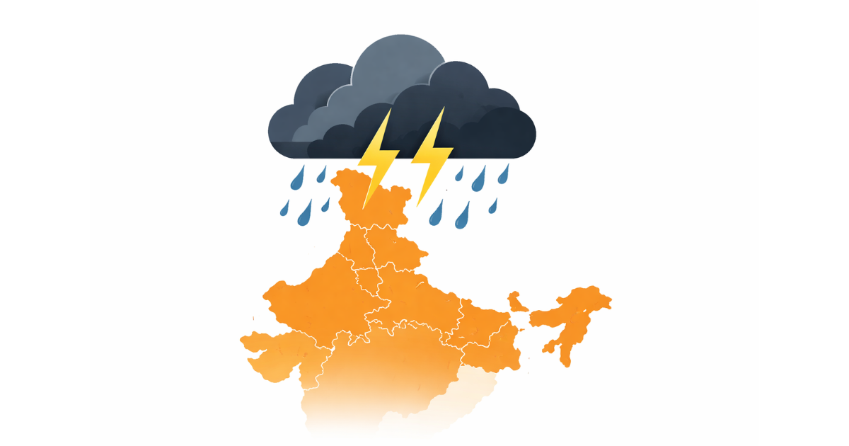 Minimal flat vector illustration of a dark storm cloud releasing rain over a simplified outline of North India, set against a white background.