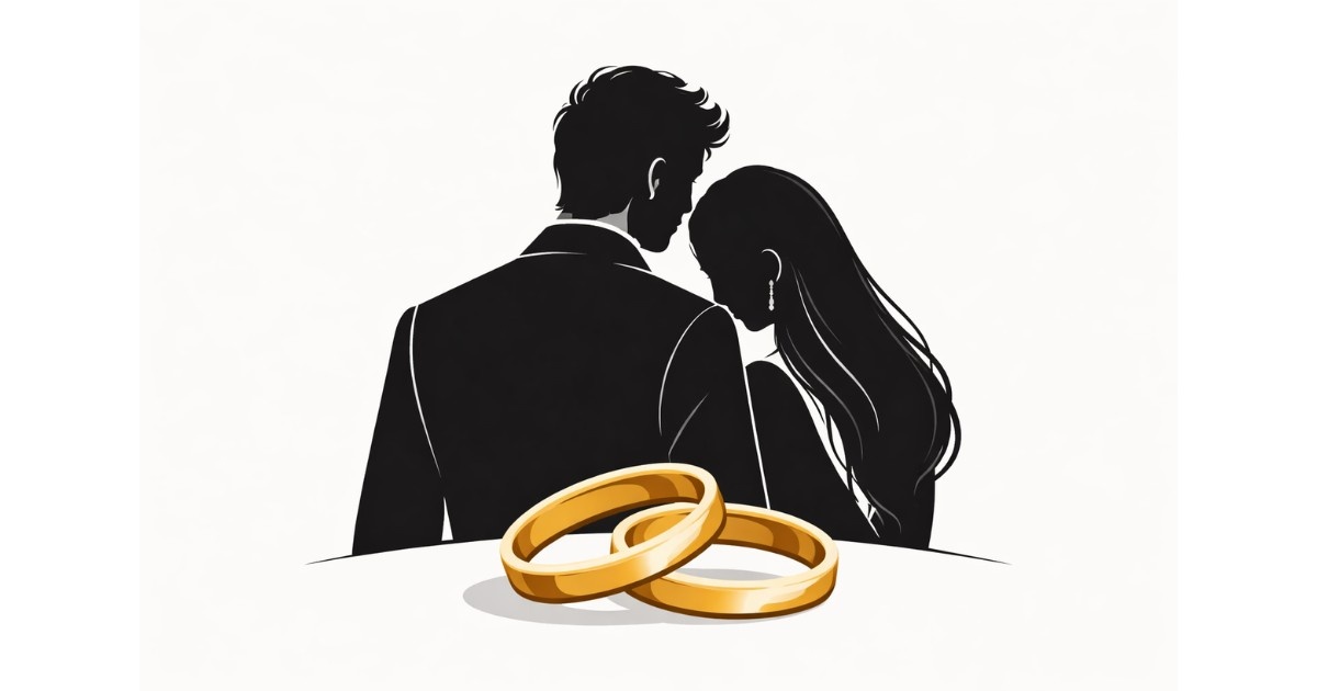 Minimal flat vector illustration of two silhouetted figures facing each other with a subtle ring symbol between them, set against a white background, representing celebrity wedding rumours in a serious editorial style.