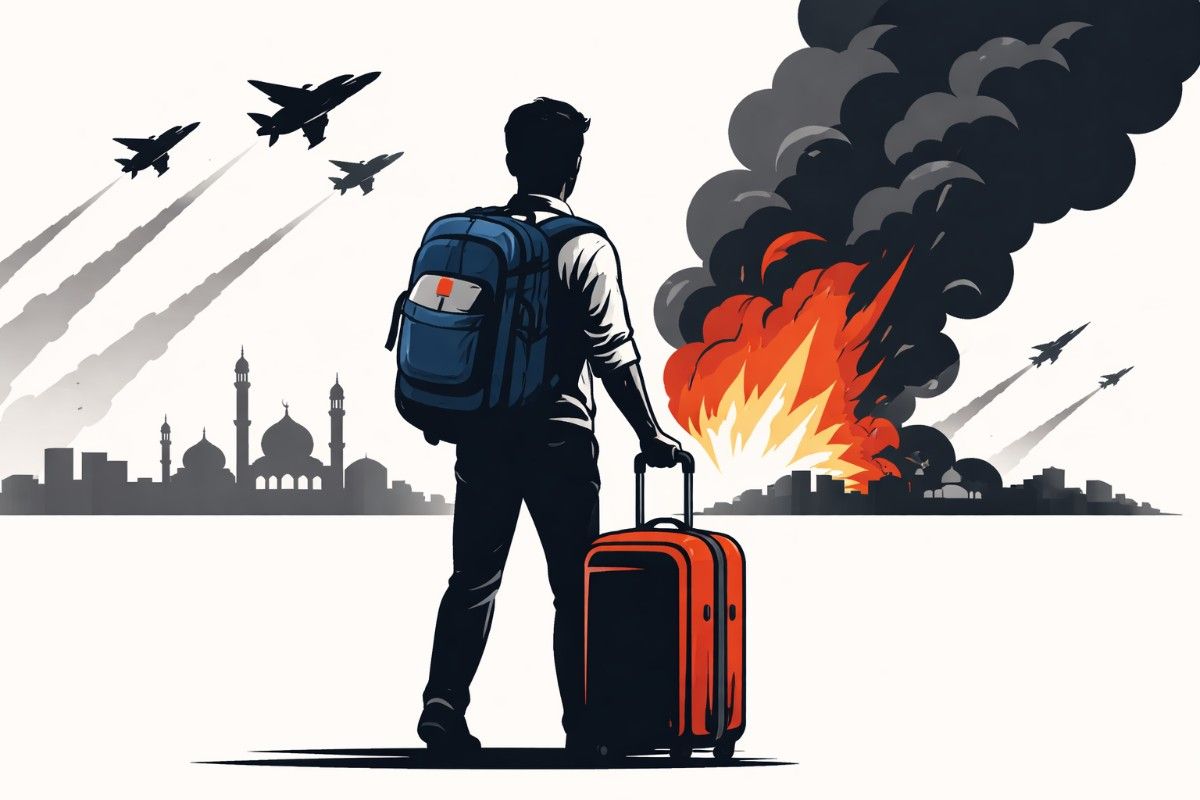 Minimal flat vector illustration of a commercial airplane silhouette flying across a partially shaded Middle East map with a subtle warning symbol overlay, set on a white background.