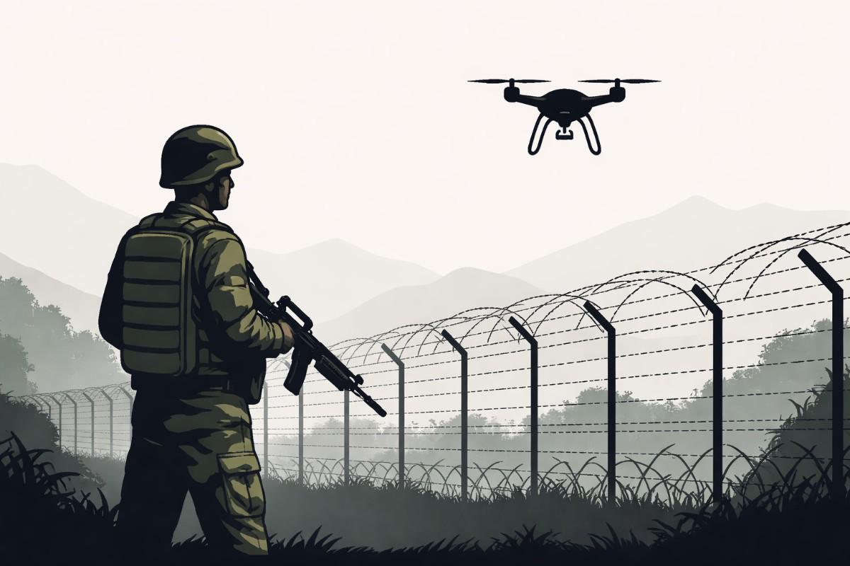 Minimal flat vector illustration of a dark surveillance drone silhouette hovering above a thin border line, symbolizing heightened security along the Line of Control, on a white background.