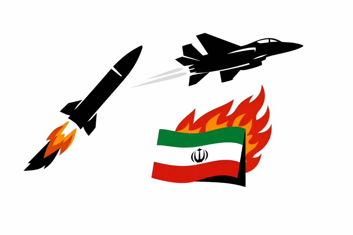 Minimal flat vector illustration of two fighter jet silhouettes flying toward a single target marker, symbolizing international military escalation, on a white background.