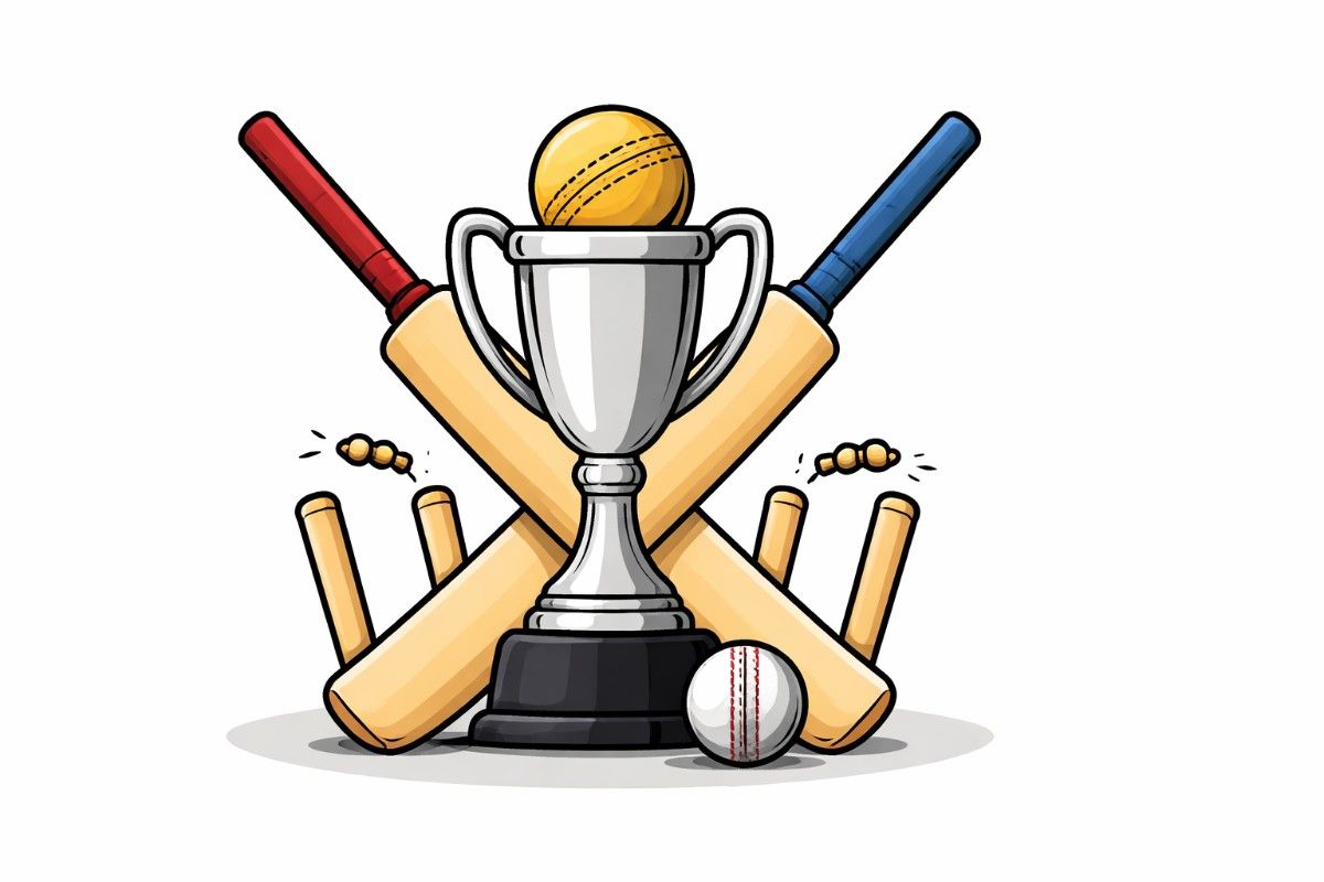 Minimal flat vector illustration of a cricket ball casting a sharp shadow on a white background, symbolizing the T20 World Cup semi-finals in a serious, editorial news style.