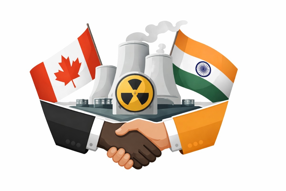 Flat vector editorial illustration of a nuclear power plant with cooling towers and a radiation symbol, flanked by the flags of India and Canada, with a handshake in the foreground symbolizing a nuclear energy partnership.
