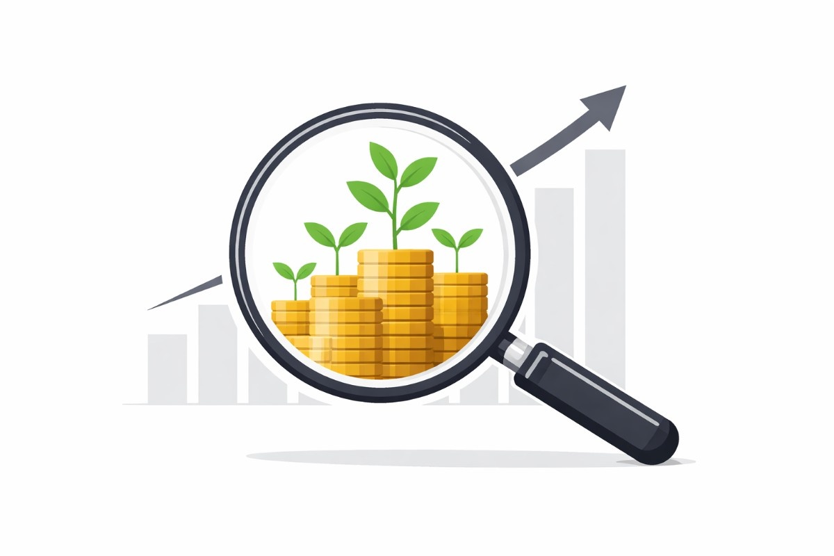 Minimal vector illustration of a magnifying glass focusing on stacked gold coins with small green plants growing from them, set against a subtle upward market chart on a white background.