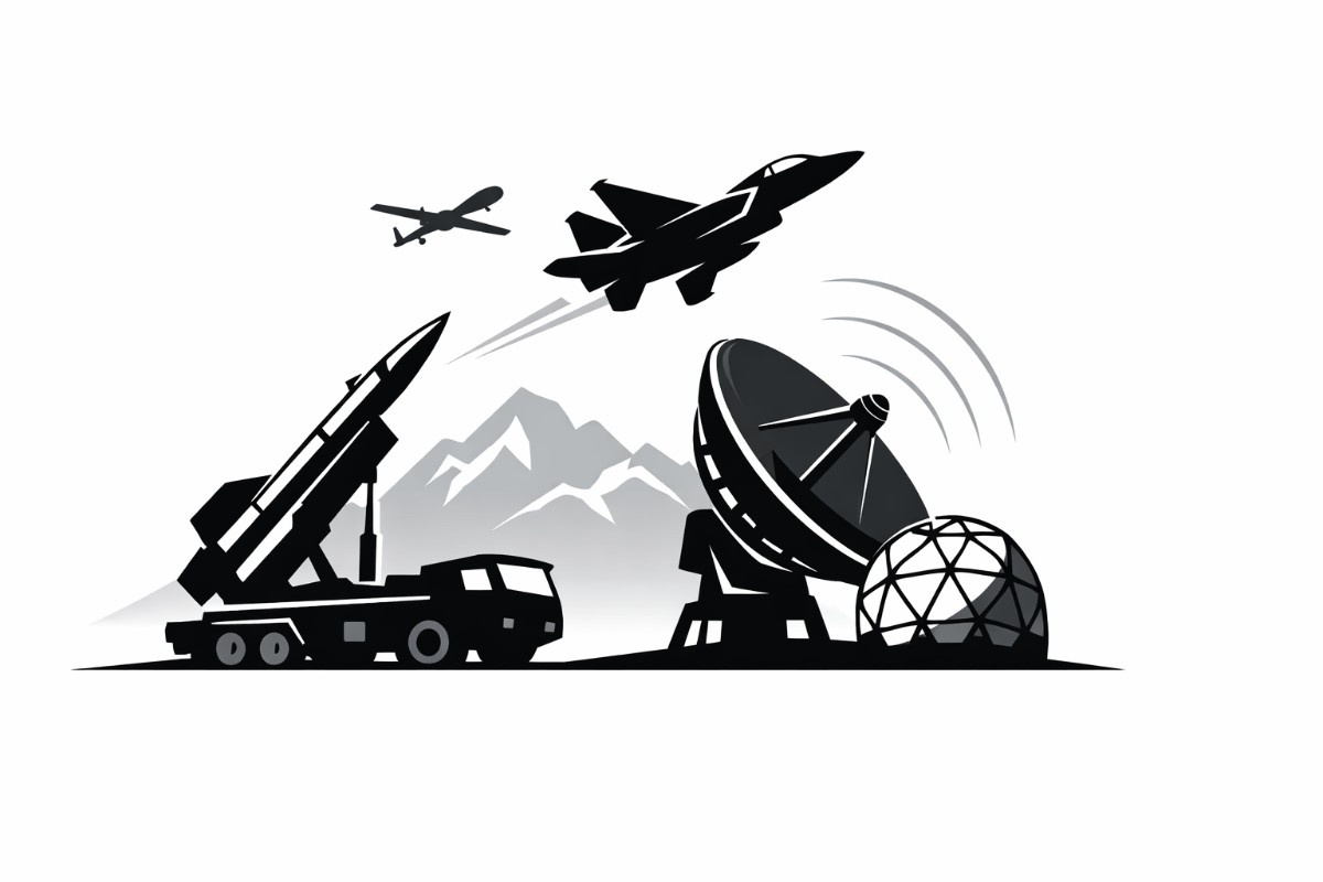Minimal vector illustration of a missile launching upward with radar waves around it, symbolizing India’s defence technology and missile development.