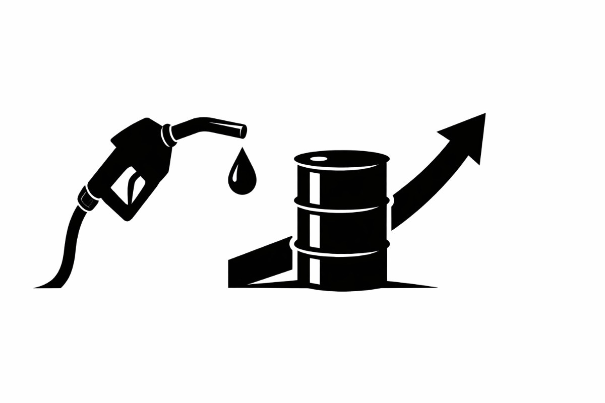 Minimal editorial vector illustration of a petrol fuel pump nozzle with a rising oil drop symbol, representing global oil prices and fuel pricing stability.