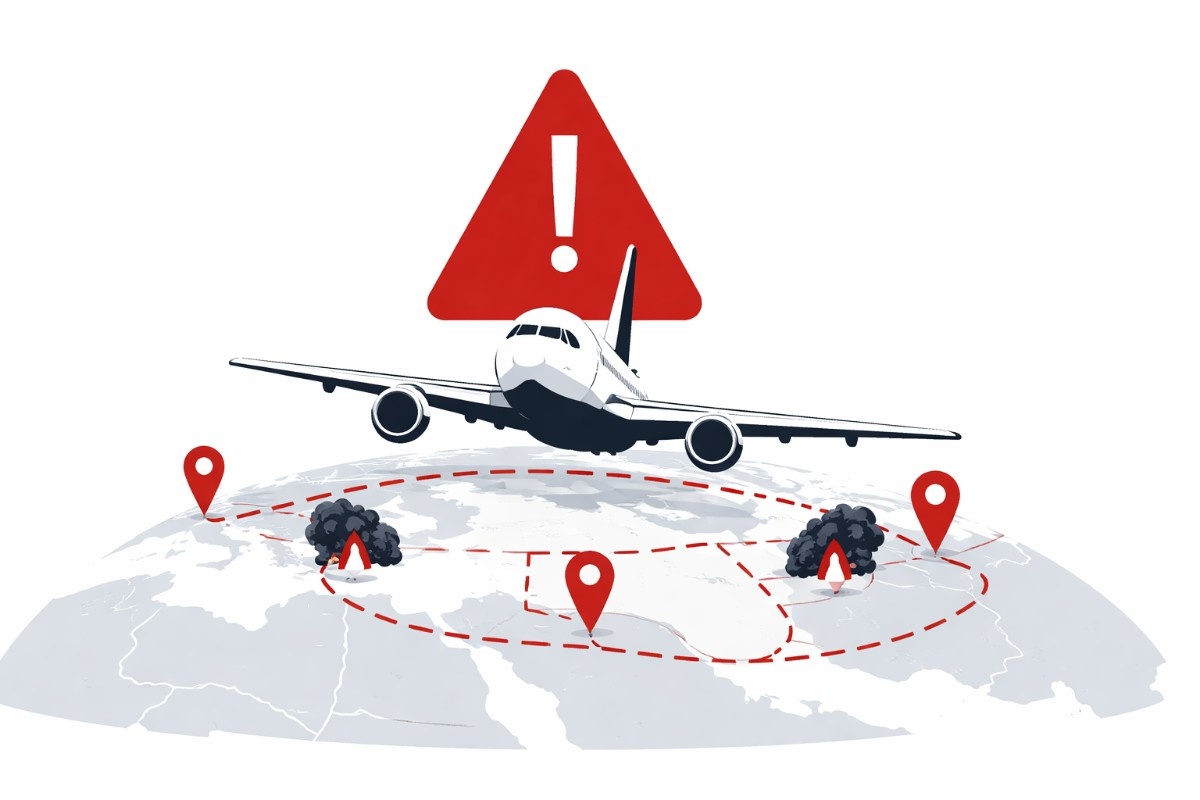 Minimal vector illustration of an airplane flying above a world map with warning symbol and disrupted flight route indicating global aviation disruption.