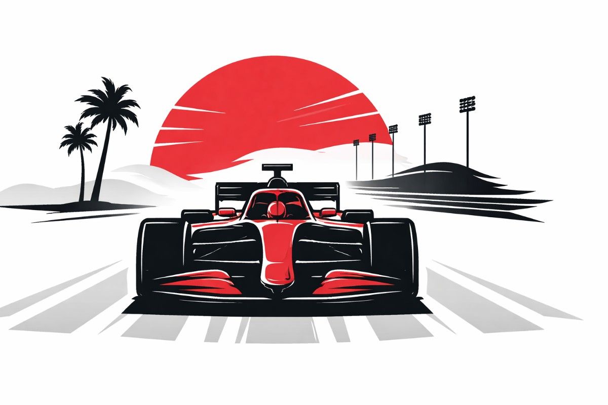 Minimal flat vector illustration of a Formula One race car silhouette speeding on a circuit track, symbolizing the Bahrain Grand Prix and the start of a new F1 race weekend.