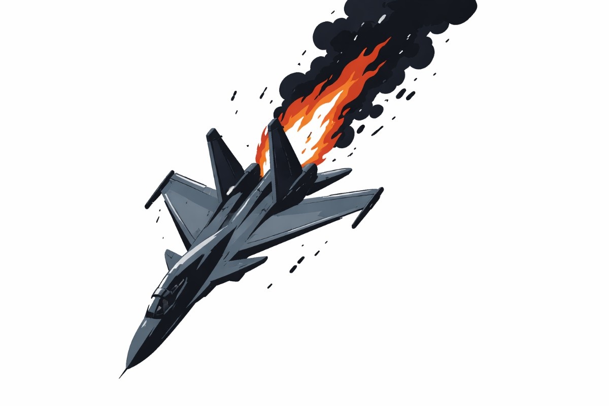 Minimal vector illustration of a fighter jet descending sharply, symbolizing a military aircraft crash incident.