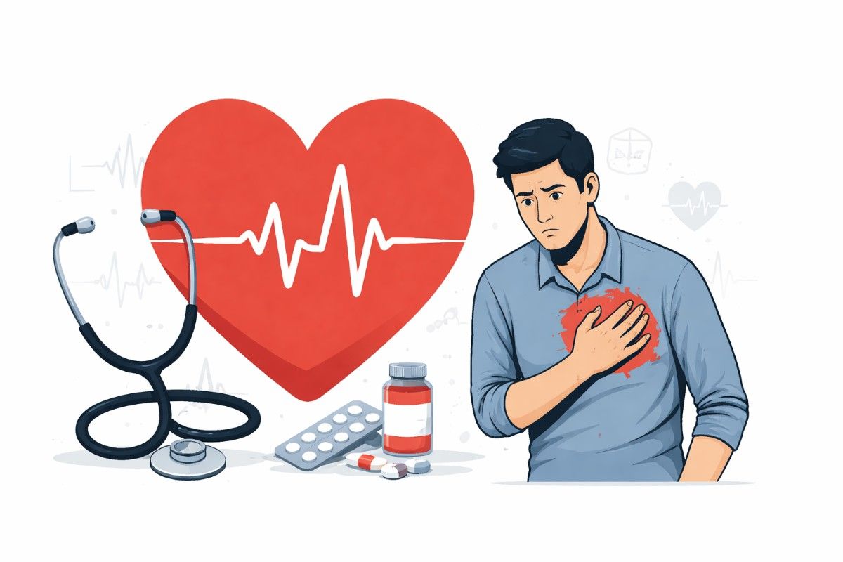 Minimal vector illustration of a human heart with a warning pulse line symbol, representing rising heart disease risk among young adults.