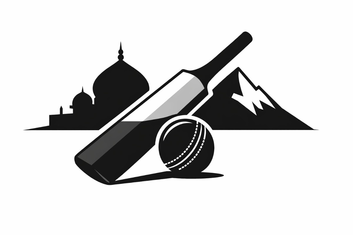Minimal vector illustration of a cricket bat striking a ball with motion lines, symbolizing a decisive T20 World Cup semi-final victory.