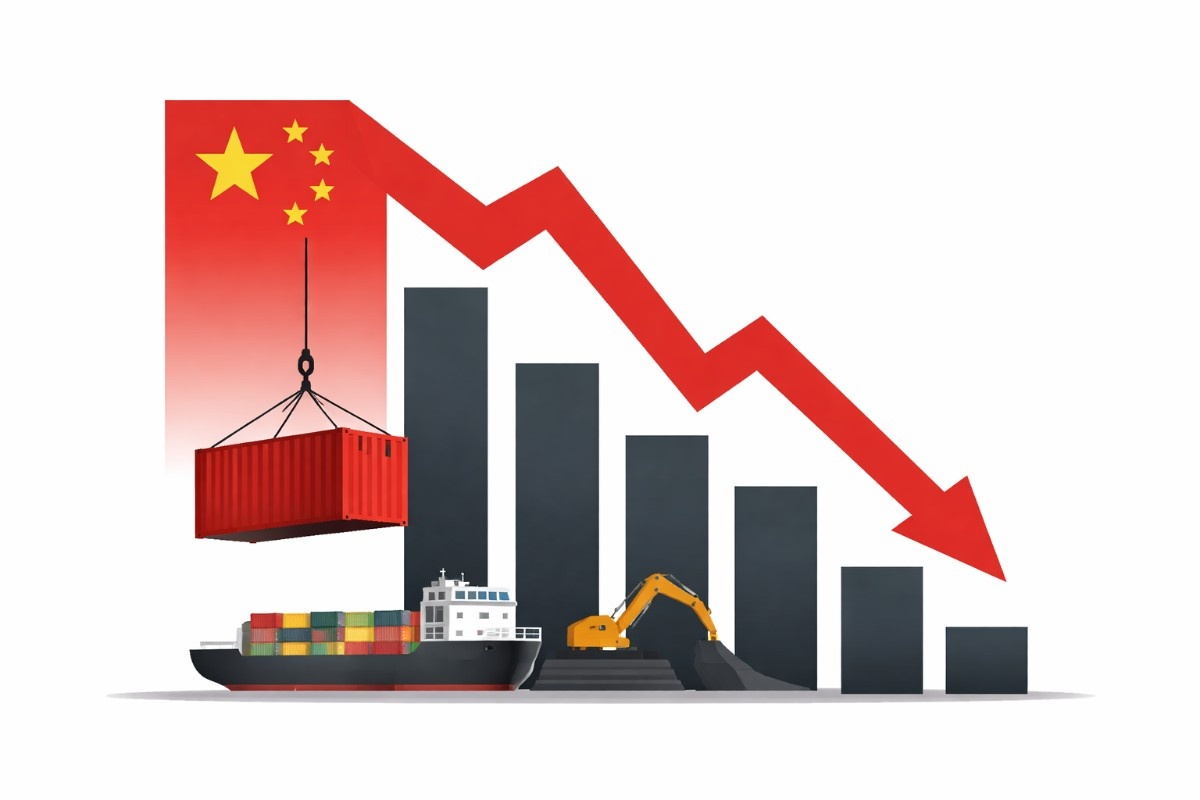 Minimal editorial illustration of a red downward economic arrow over factory silhouettes representing China’s slowing economic growth and its impact on global trade.