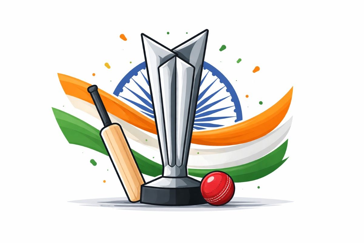 Minimal flat vector illustration of a cricket bat striking a ball with subtle motion lines, symbolizing victory in a professional editorial news style on a white background.