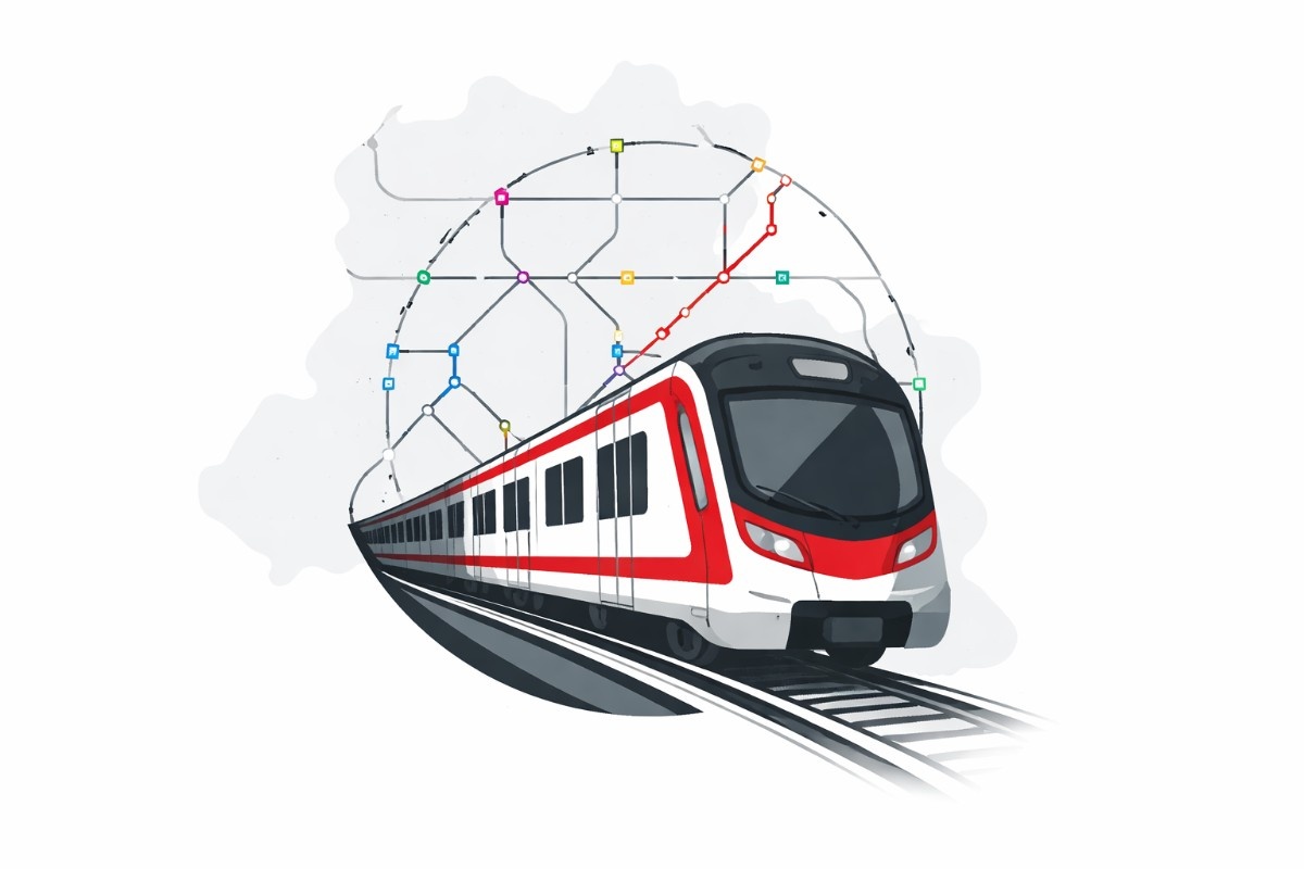 Minimal editorial vector illustration of a modern metro train emerging from a circular metro network map, symbolizing Delhi’s new ring metro corridor.