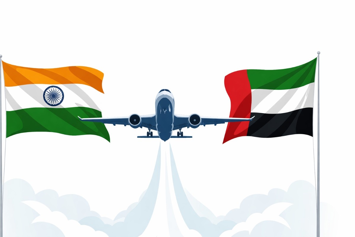 Minimal editorial vector illustration of a commercial airplane flying between the Indian and UAE flags, symbolizing special flights bringing stranded Indian travelers home.