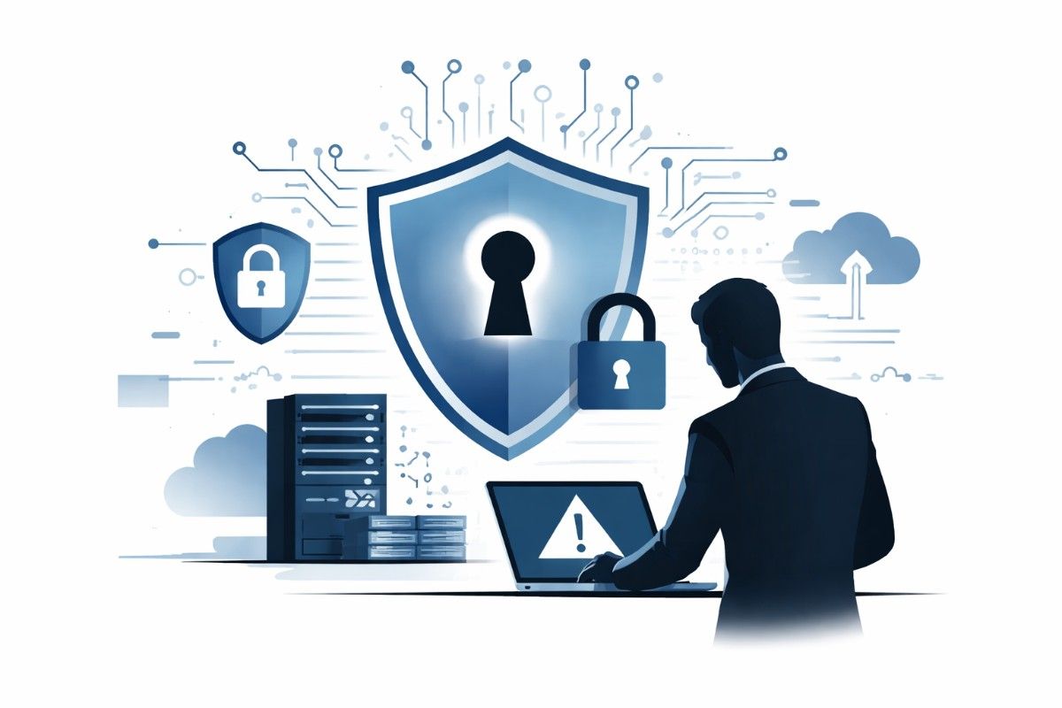Minimal editorial illustration of a digital shield with a keyhole symbol representing cybersecurity protection and data security.